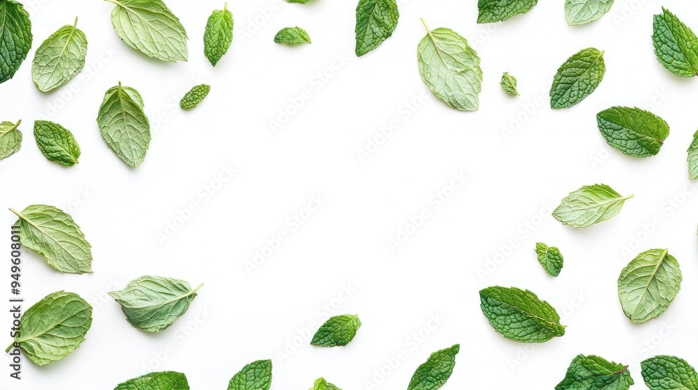 A collection of fresh green mint leaves scattered randomly across a clean white background, creating a refreshing and natural pattern. A collection of fresh green mint leaves scattered randomly across a clean white background, creating a refreshing and natural pattern.
