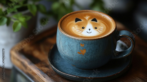 A latte art featuring a creative animal design, such as a cat or a panda, bringing a playful and whimsical touch to the coffee experience.