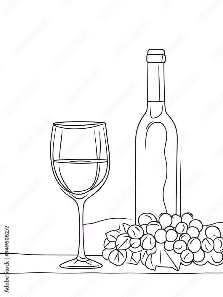 Fototapeta premium Wine bottle and glass with grapes one line drawing illustration minimal simple clean, white background copy space for text