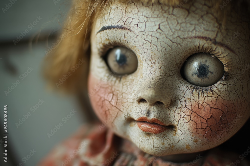 Fototapeta premium Creepy cracked porcelain doll with unsettling eyes