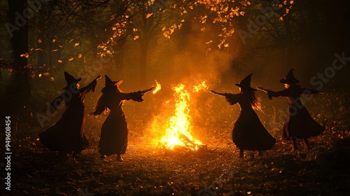 A group of witches dancing around a fire in the woods photo