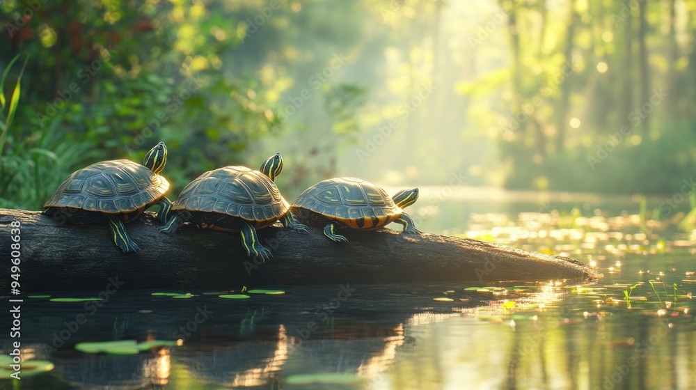 Obraz premium Three Turtles on a Log in a Sunlit Forest