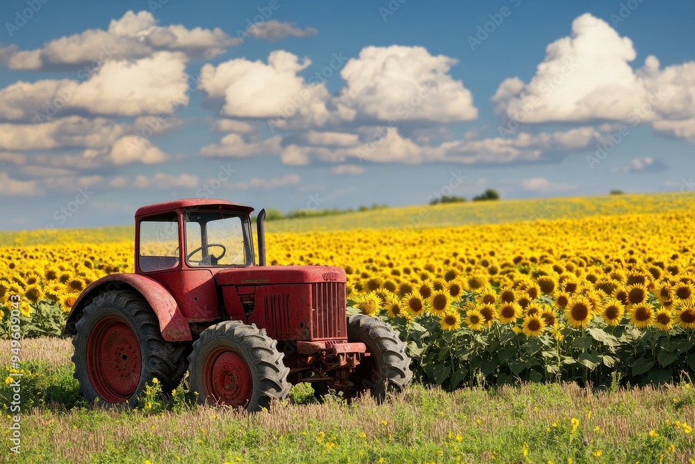 Fototapeta premium A red tractor in a vibrant sunflower field under a blue sky with fluffy clouds.