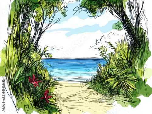 Hand-Drawn Coastal Beach Scene - Summer Vacation Concept Art Illustration