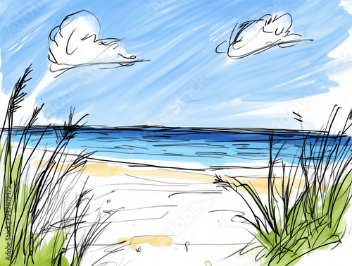 Hand-Drawn Coastal Beach Scene - Summer Vacation Concept Art Illustration