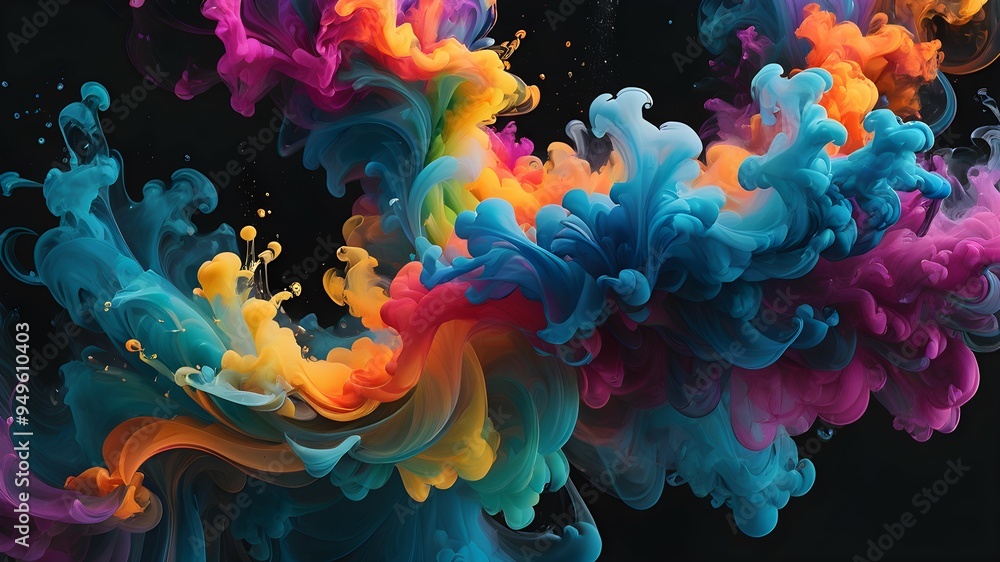 A stunning blend of water, paint, and smoke in various bright colors colliding on a dark background, forming an intricate, fluid, and mesmerizing abstract pattern A stunning blend of water, paint, and smoke in various bright colors colliding on a dark background, forming an intricate, fluid, and mesmerizing abstract pattern