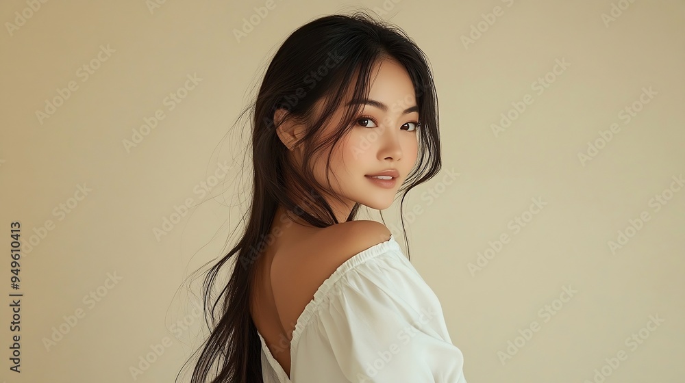 Beautiful Asian woman wearing white dress and black hair in yellow background Beautiful Asian woman wearing white dress and black hair in yellow background