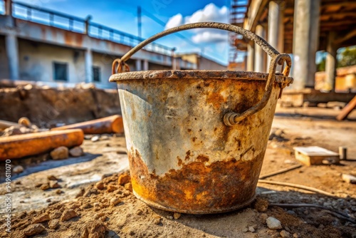 a photo image of a worn and rusty concrete bucket with chipped paint and rusty handle lying on a dusty construction site