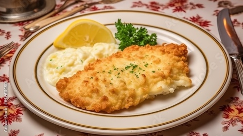 Crispy Fried Fish with Lemon and Mashed Potatoes