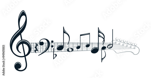 Electric guitar symbol with musical notes.
