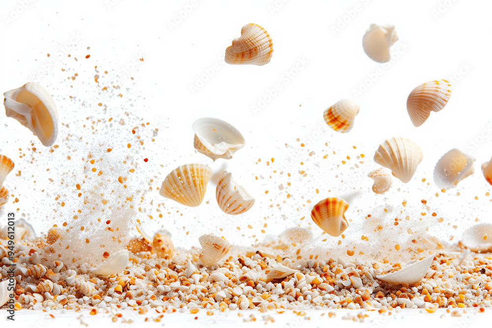 Seashell sand fall splashing in air. sea shell explosion flying, sand abstract cloud fly. Many Seashell scatter in many group. White background isolated high speed shutter freeze motion
Seashell sand fall splashing in air. sea shell explosion flying, sand abstract cloud fly. Many Seashell scatter in many group. White background isolated high speed shutter freeze motion