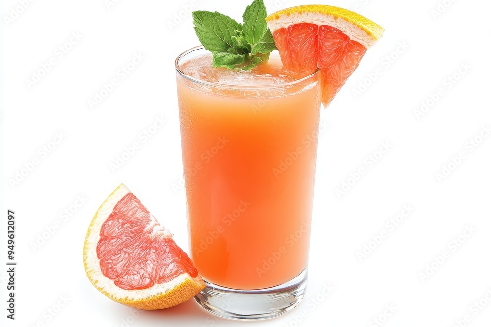 A refreshing grapefruit drink garnished with mint and citrus slices. A refreshing grapefruit drink garnished with mint and citrus slices.