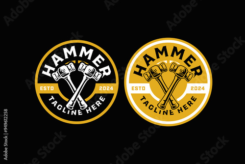 iron steel hammer crossed retro badge logo vector design set for craftsman, handyman, construction and industry company label, sign, symbol or brand identity