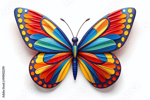 playful minimalist digital art butterfly composed from simple shapes and lines in bold primary colors on clean white background