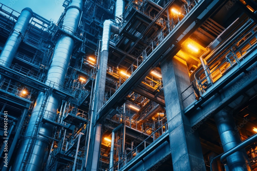 A Low-Angle View of an Industrial Plant's Complex Structure A Low-Angle View of an Industrial Plant's Complex Structure