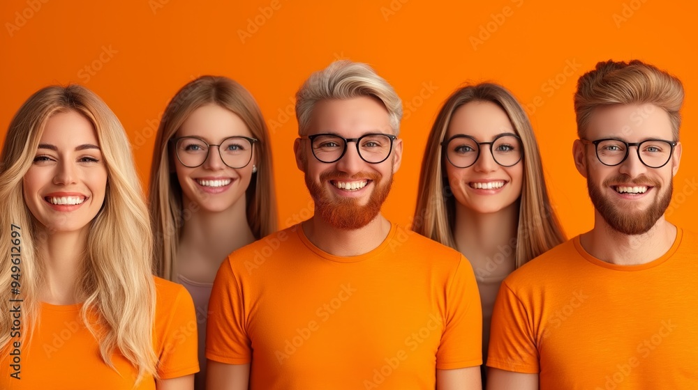 A group of people wearing orange shirts and glasses are smiling for the camera. Concept of camaraderie and happiness among the group. 6 photo showing people from different age groups, all smiling A group of people wearing orange shirts and glasses are smiling for the camera. Concept of camaraderie and happiness among the group. 6 photo showing people from different age groups, all smiling