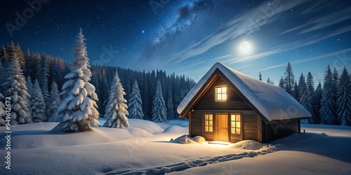 moonlight casting an ethereal glow on the snow-covered roof of a minimalist winter cabin with a peaceful atmosphere of quiet contemplation photo