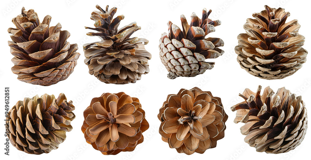 Pine cones in different sizes and shapes isolated on transparent background