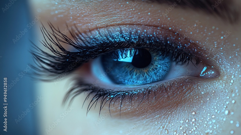 Close-up of a woman's eye with blue eyeshadow Close-up of a woman's eye with blue eyeshadow