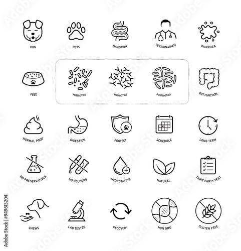 A set of icons for pets digestion diseases. The outline icons are well scalable and editable. Contrasting elements are good for different backgrounds. EPS10.	