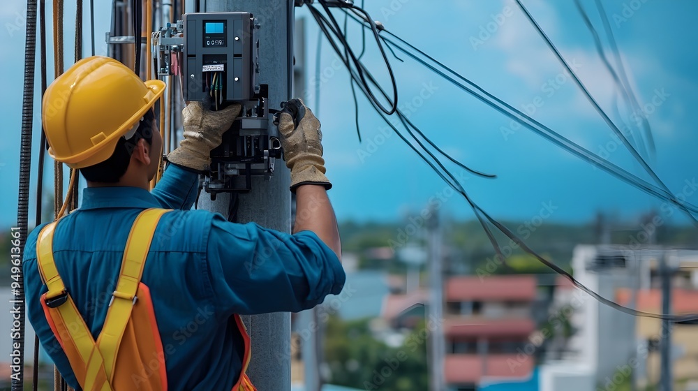 A photograph showcasing IoT technology ensuring precise alignment of high voltage power poles during the installation process enabling efficient reliable and sustainable grid infrastructure A photograph showcasing IoT technology ensuring precise alignment of high voltage power poles during the installation process enabling efficient reliable and sustainable grid infrastructure
