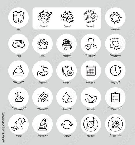 A set of icons for pets digestion diseases. The outline icons are well scalable and editable. Contrasting elements are good for different backgrounds. EPS10.	