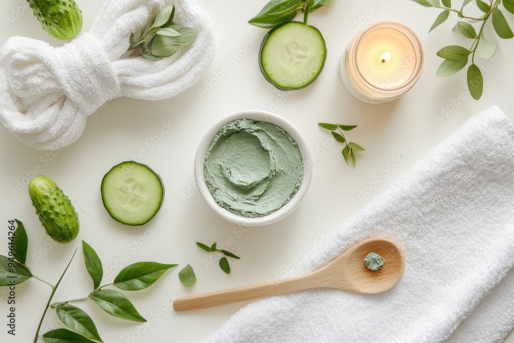 A relaxing spa arrangement with green clay mask, cucumber slices, and soothing elements. A relaxing spa arrangement with green clay mask, cucumber slices, and soothing elements.