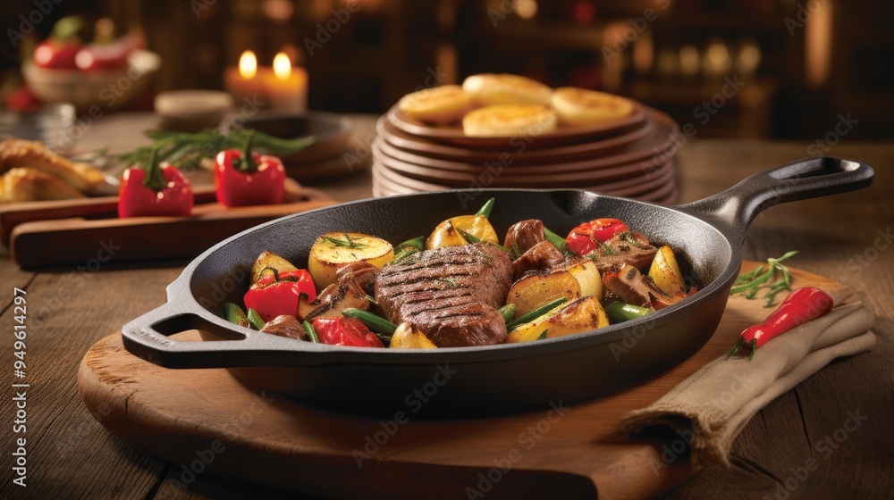 Grilled Steak with Roasted Vegetables in a Cast Iron Skillet Grilled Steak with Roasted Vegetables in a Cast Iron Skillet