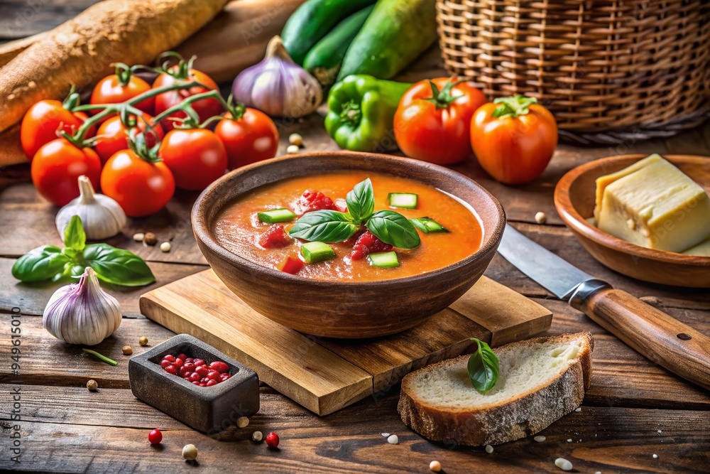 Summer gazpacho soup in a distressed wooden boat, surrounded by fresh veggies, artisanal bread, and a vintage cheese grater, evoking rustic outdoor adventure. Summer gazpacho soup in a distressed wooden boat, surrounded by fresh veggies, artisanal bread, and a vintage cheese grater, evoking rustic outdoor adventure.