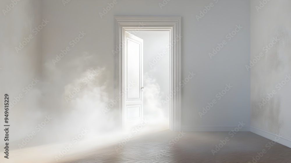 Obraz premium Mysterious Fog Filled Passage Beckons Through Minimalist White Doorway