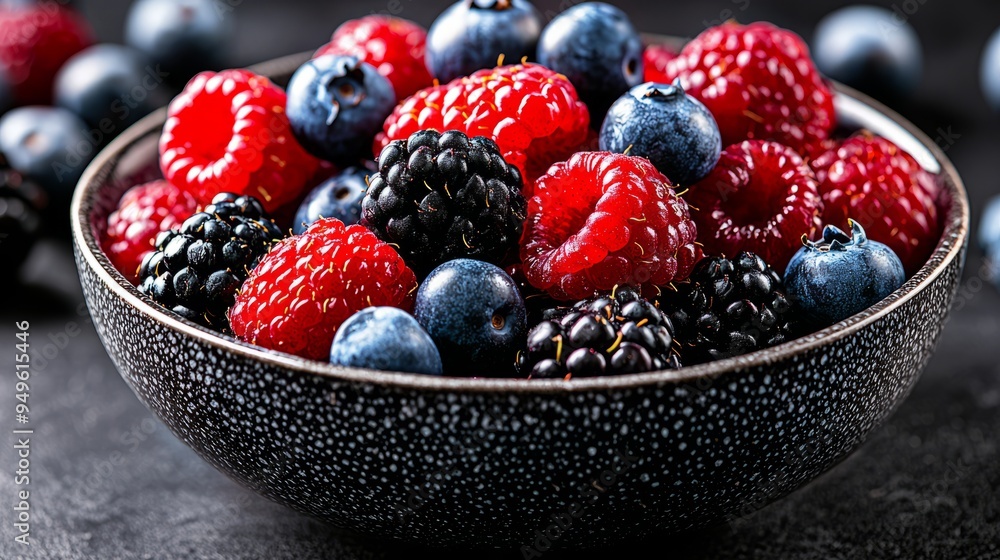 A vibrant bowl of assorted berries, featuring strawberries, blueberries, and blackberries against a dark background. A vibrant bowl of assorted berries, featuring strawberries, blueberries, and blackberries against a dark background.