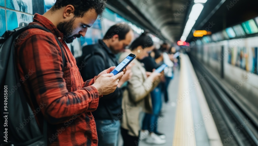 Obraz premium photo of group of young people looking at their phones, waiting for the subway and reading messages from social media