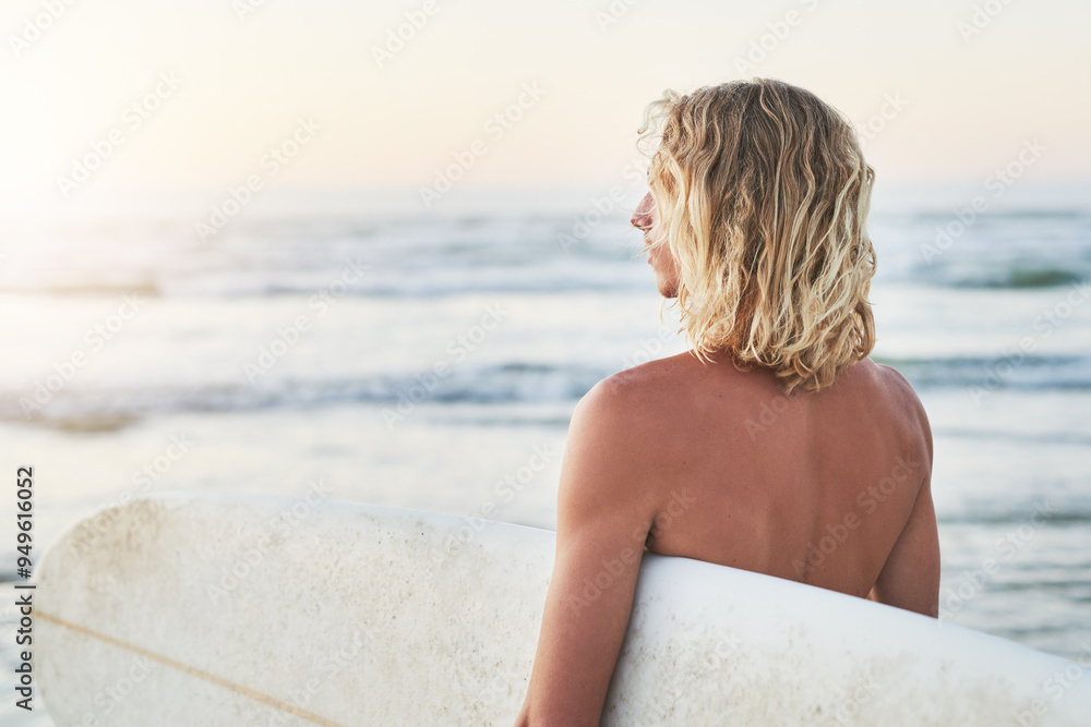 Thinking, fitness and man with surfboard at a beach for summer, fun or adventure in nature. Reflection, back and male surfer at sea for wellness, training and body workout, idea or waiting for waves Thinking, fitness and man with surfboard at a beach for summer, fun or adventure in nature. Reflection, back and male surfer at sea for wellness, training and body workout, idea or waiting for waves
