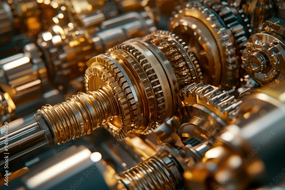 Close-up of Interlocking Gold Gears in a Machine Close-up of Interlocking Gold Gears in a Machine