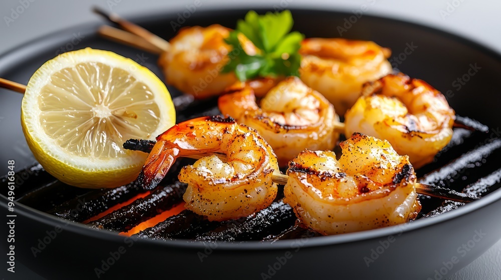 Grilled shrimp garnished with lemon and parsley on a black plate, perfect for seafood lovers. Grilled shrimp garnished with lemon and parsley on a black plate, perfect for seafood lovers.