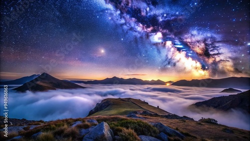 Surreal starry night sky above Gwynedd's rugged terrain with Milky Way galaxy and misty fog in deep blues and purples photo