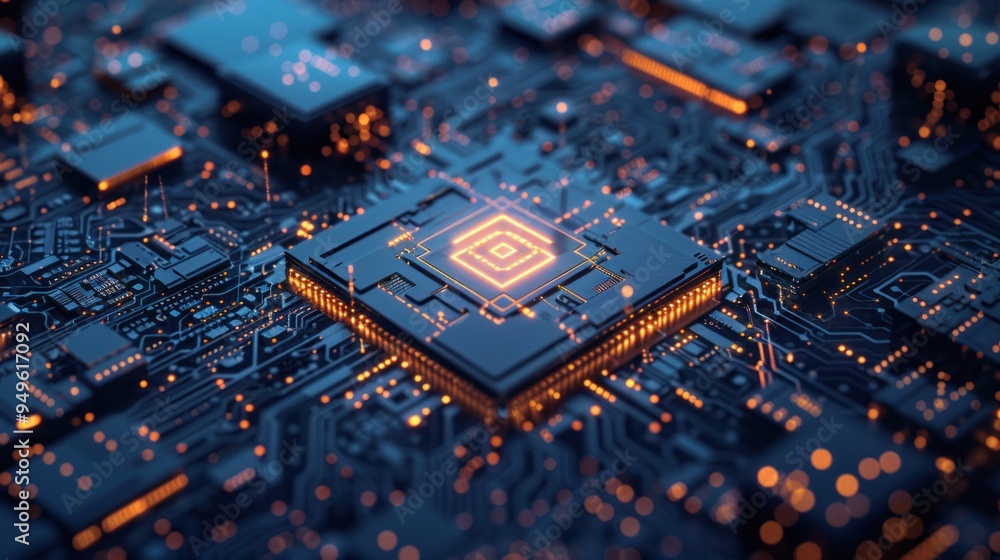 blue circuit board with an AI chip glowing blue circuit board with an AI chip glowing