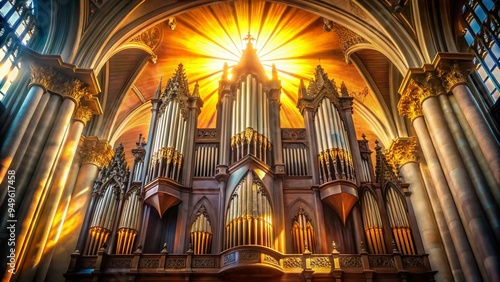 historic organ pipes dramatic morning light spiritual awakening photo