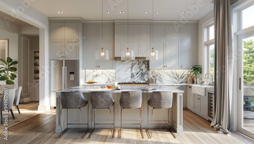 Modern kitchen with white cabinets and a marble backsplash photo