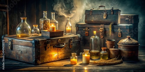 Forgotten Attic Secrets Dusty Vintage Low-Light Moody Still Life Forgotten trunks, old apothecary jars, and yellowed papers exude whispers of the past, with hints of decay and forgotten scents.