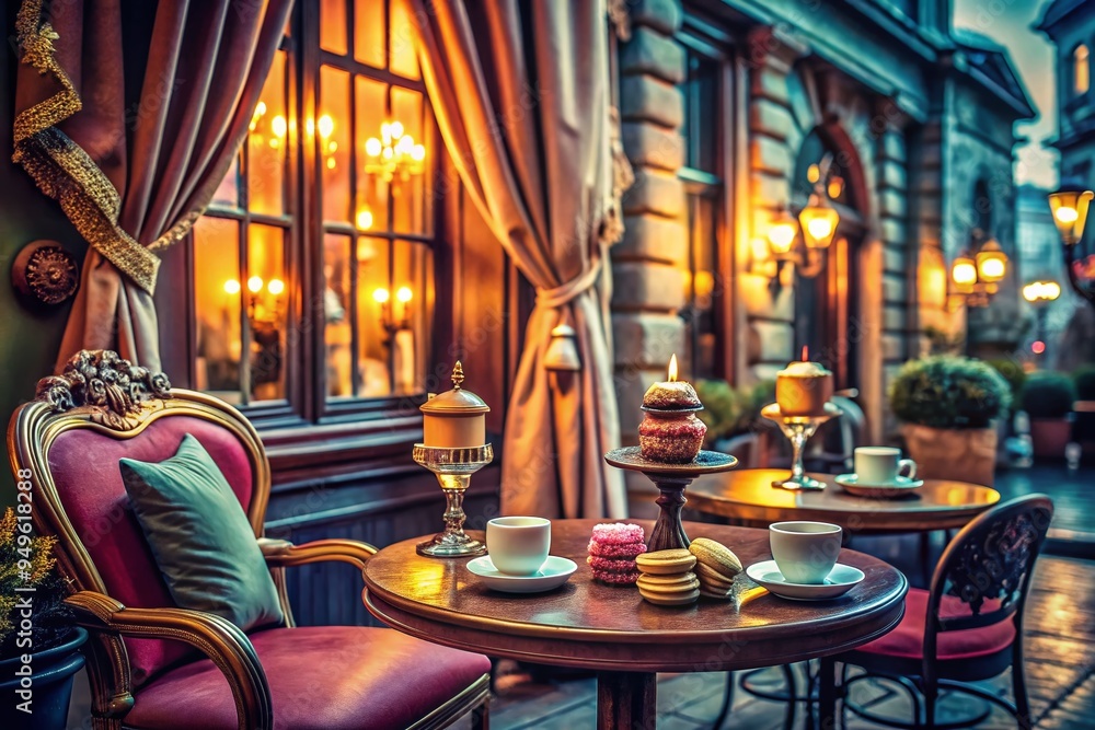 Fototapeta premium twilight Budapest cafe scenic velvet drapes lavish pastel-colored macarons ornate antique tables rustic candlelit warmth nostalgic retro-style film grain