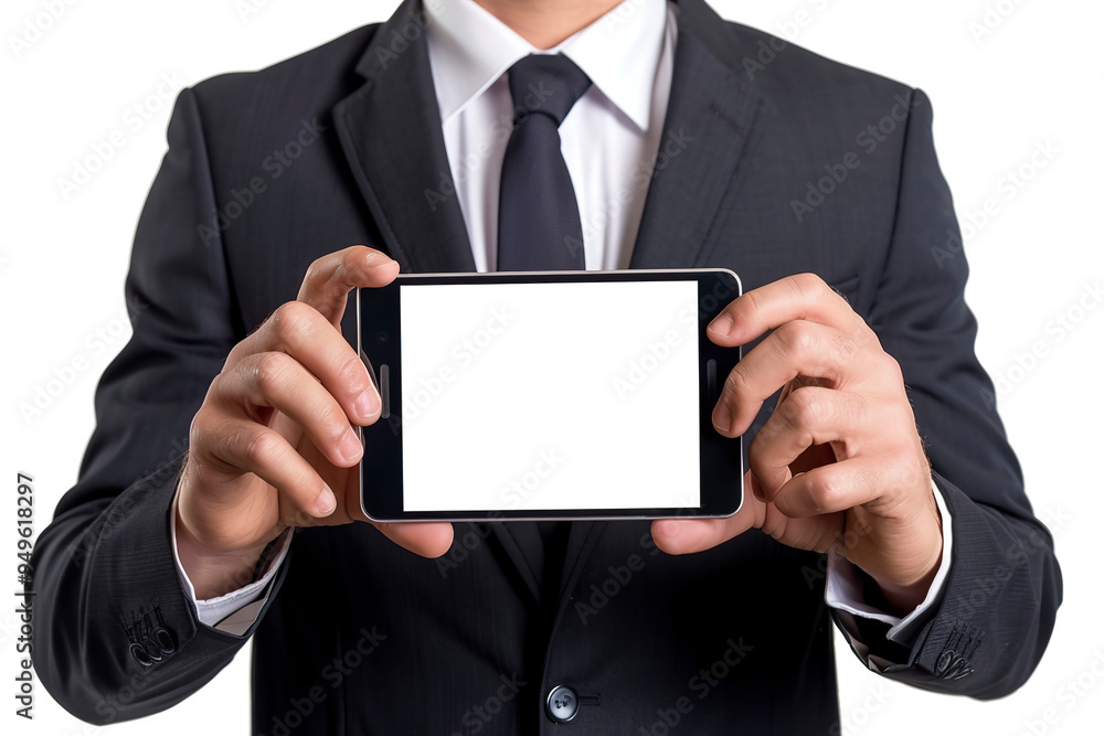 Businessman holding smart phone with blank screen. Isolated on white background. Businessman holding smart phone with blank screen. Isolated on white background.