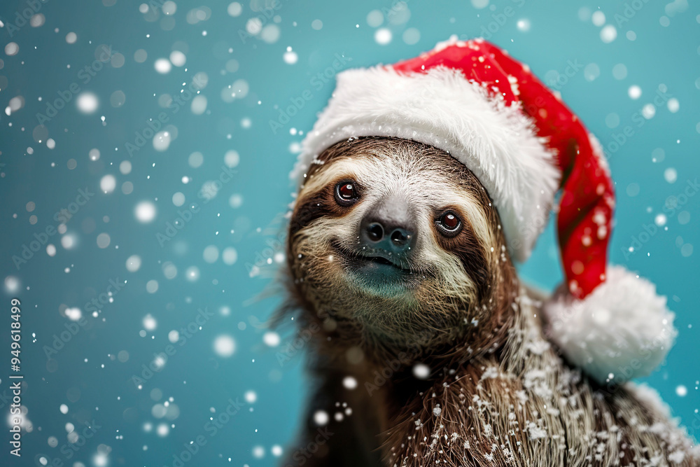 Cute funny sloth in santa hat on blue background. Cute funny sloth in santa hat on blue background.