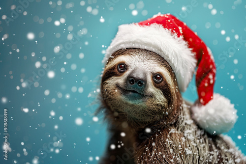 Cute funny sloth in santa hat on blue background.