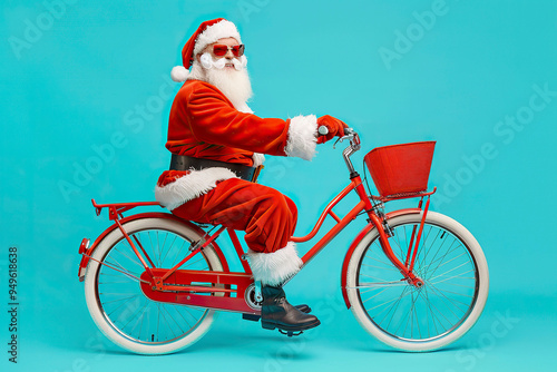 Santa Claus riding bicycle on blue background. photo