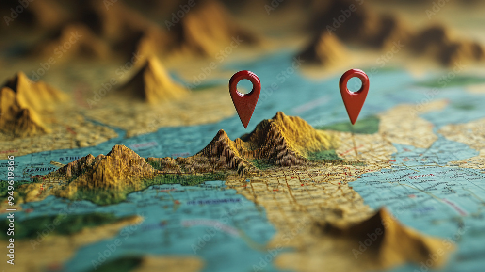 Illustrated map highlighting mountainous terrain with location pins set ...