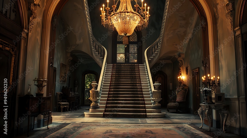 Fototapeta premium A huge hanging light and an enormous staircase in a grand doorway