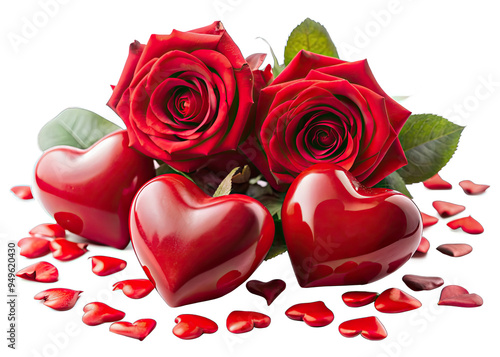 Two red roses and three red hearts lay on a white background with scattered rose petals