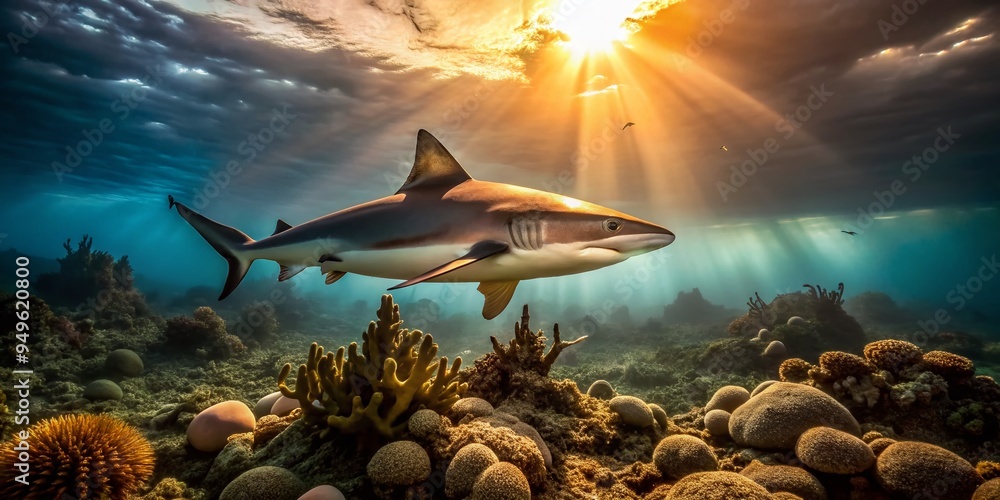 Fototapeta premium A solitary reef shark patrols a desolate coral reef landscape illuminated by warm golden hour light