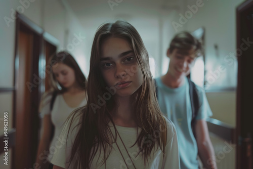 Teen Girl Standing Out in a School Hallway